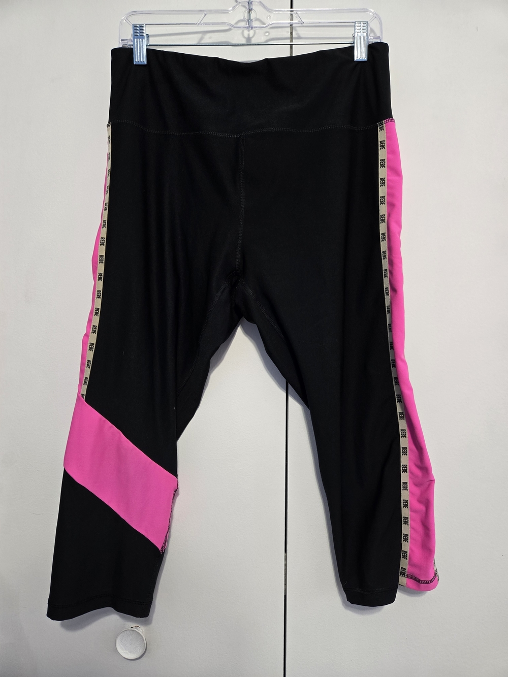 Bebe Sport XL Black Pink Cropped Leggings Logo Tape High Rise Activewear